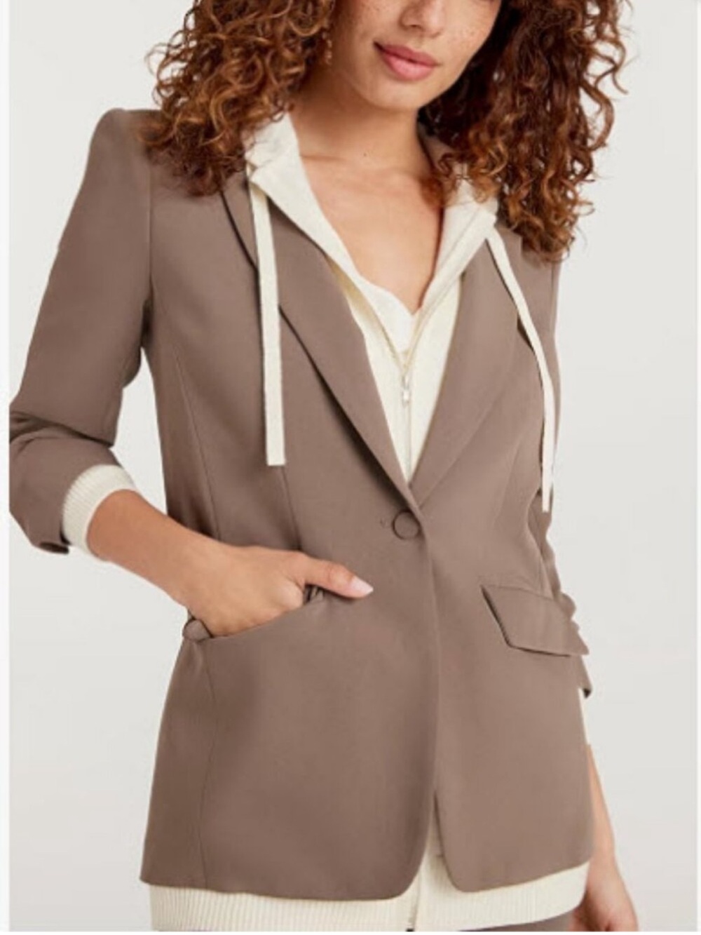 cinq a sept Taupe Single-Button Khloe Blazer with White Hoodie Inlay